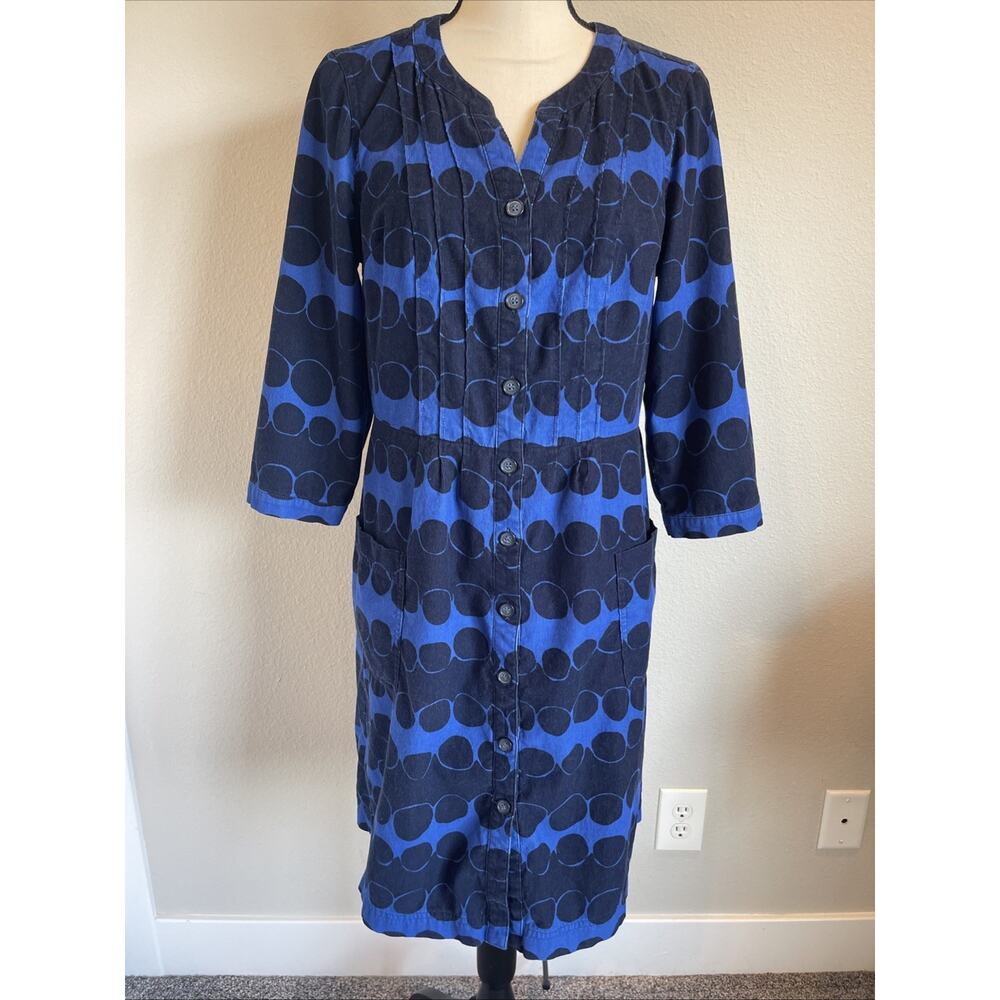 Boden Women’s Blue Polka-dot Corduroy Dress Size 10L Lined 3/4 Sleeve Button-up